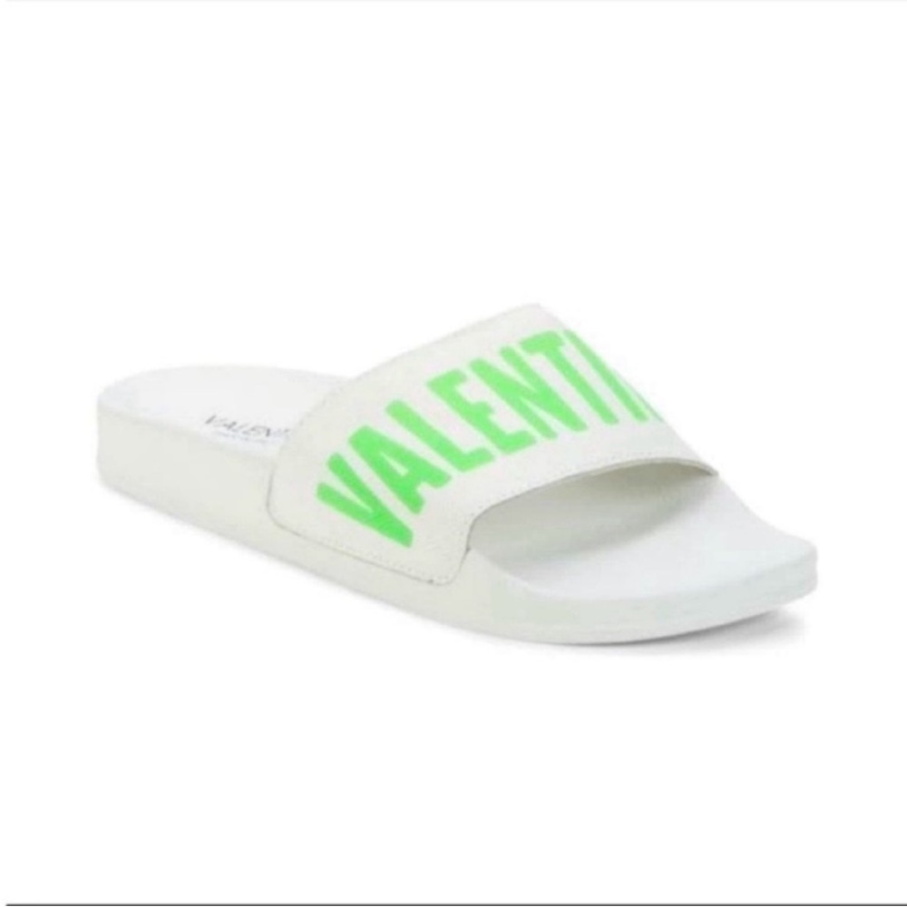 Valentino Leather Logo Neon Green Slide Sandals